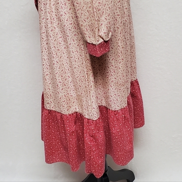 Vintage 60s JCPENNEY Tan Red Floral Calico Print Tie-Waist Boho Peasant Dress S - Picture 10 of 15